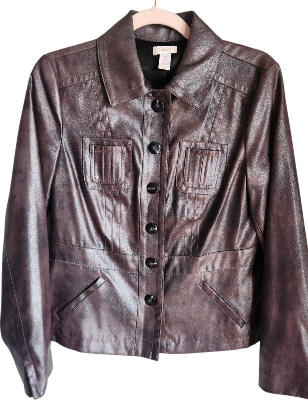 Chicos Jacket Bronze Gray Small (0) Vegan Leather Blazer Metallic